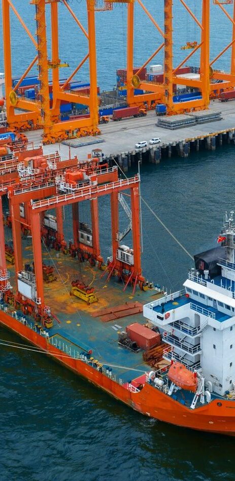 Big Construction Crane on barge ship. container crane on Barge Ship