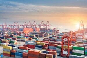 container terminal in sunset